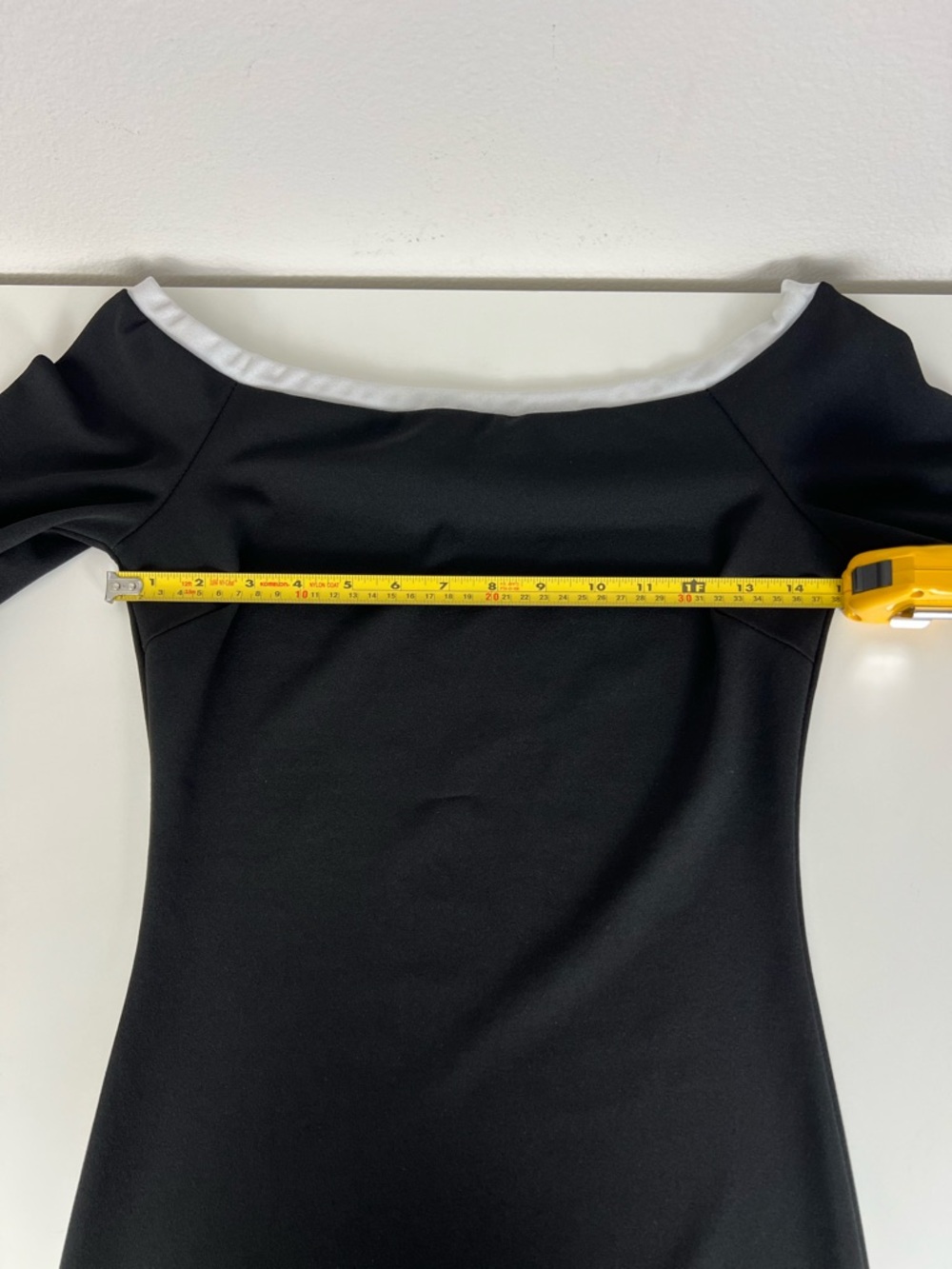 HMS Black Off Shoulder Y2K Mini Dress Bell Sleeve Bodycon White Trim Size S - Picture 4 of 8